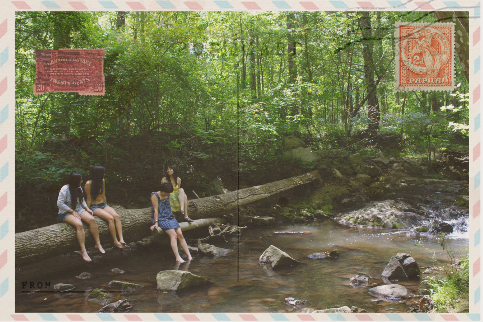 picture of girls sitting at a creek in postcard format