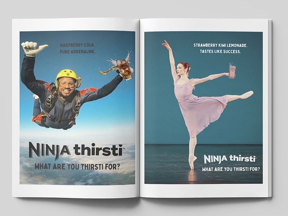 mockup of magazine layout with ninja thirsti ads on it